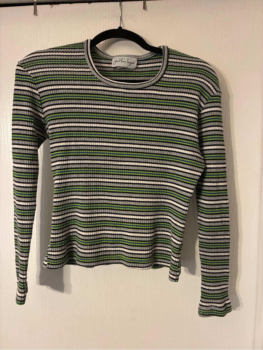 Striped Ribbed Long-Sleeve Tee in Green/Black/White - Lightweight Layering Top M